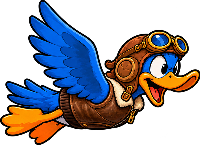 Blue duck wearing a leather flight helmet, goggles, and a sleeveless bomber jacket